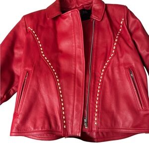 Red Leather Jacket with Studded Details